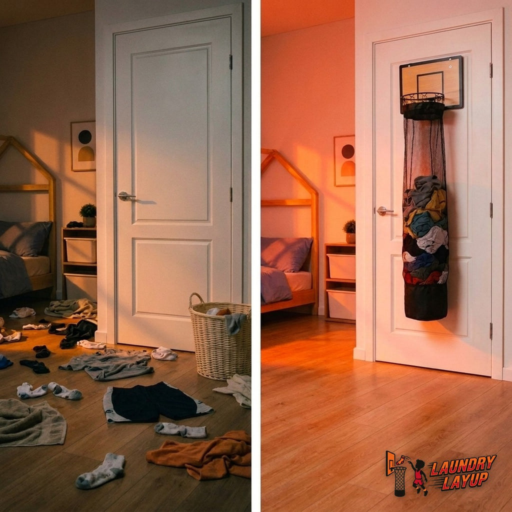 Before: clothes on the floor around an empty basket. After: clothes inside the Layup Hoop
