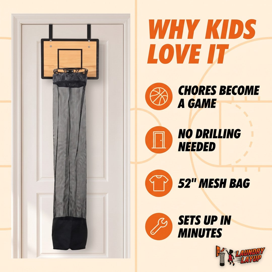 Why kids love it: chores become a game, no drilling needed, 52 inch mesh bag, sets up in minutes